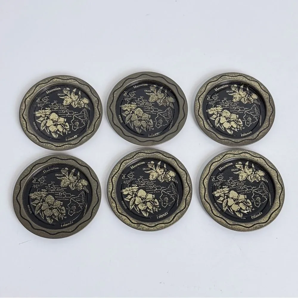 Set of 6 Vintage Aluminum Hawaii Souvenir Coaster Set